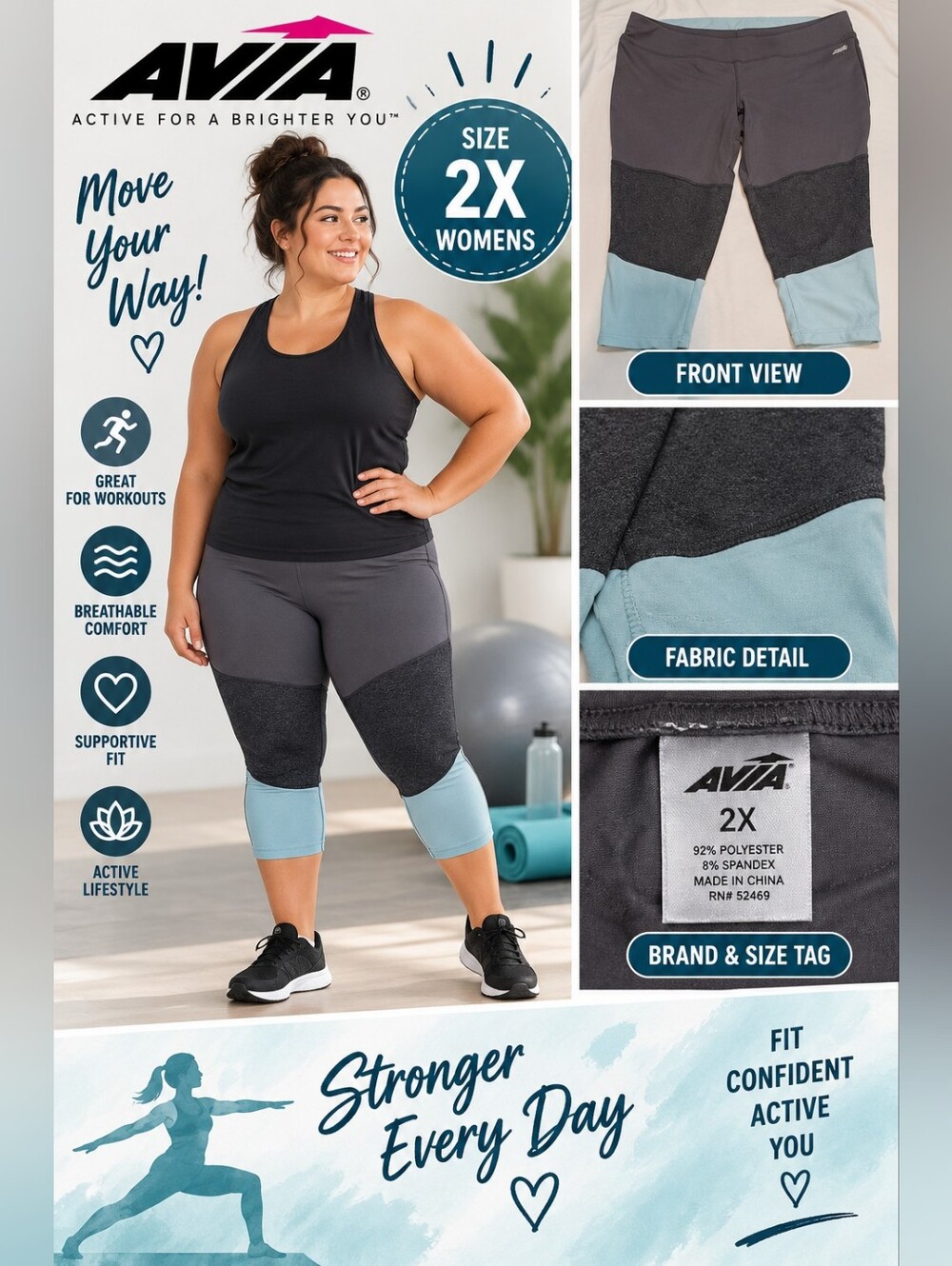 Avia Women's 2X grey blue athletic crop leggings #05